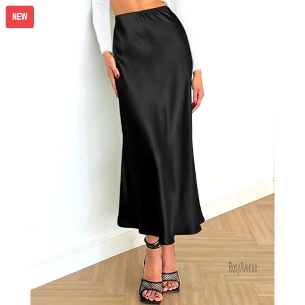 Satin Midi Skirt High Waist Elastic Flowy A-Line Cocktail Wedding - Picture 2 of 7